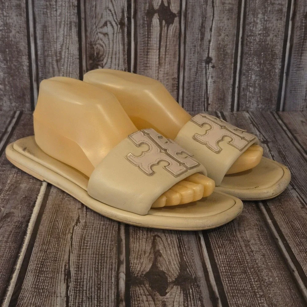 Sz 8.5 Tory Burch Double T Sport Slide Dolce De Leche Leather Logo Sandals